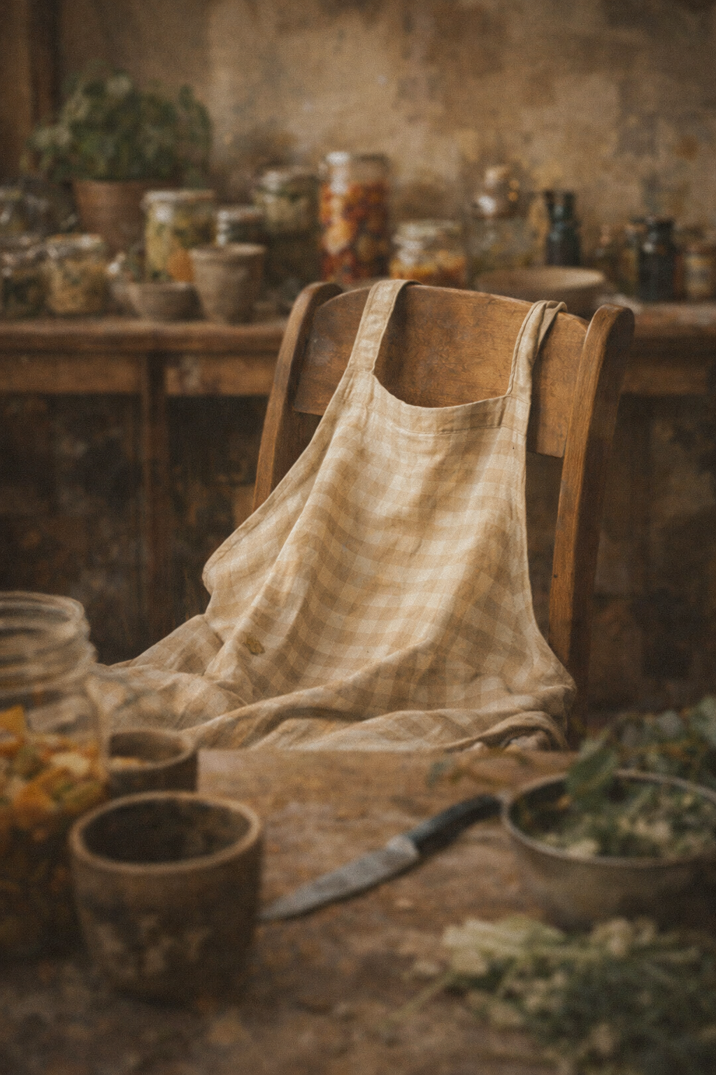 Schort op open stoel in keuken