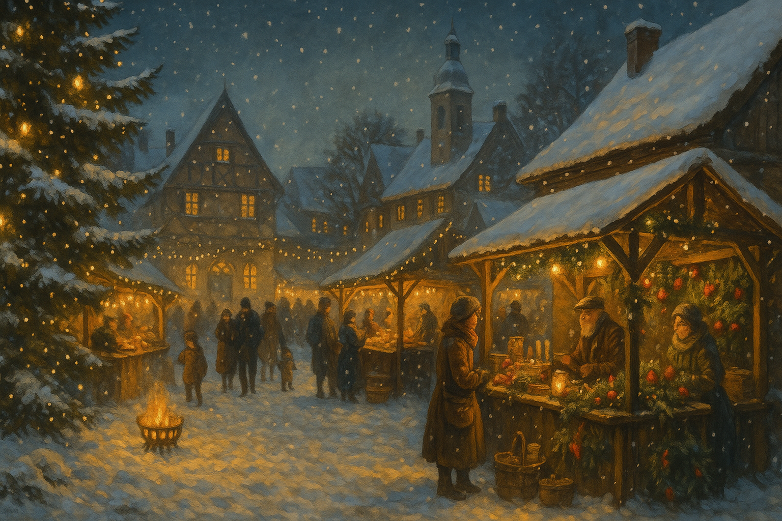 Wintermarkt in de sneeuw met fonkelende lichtjes aan elk kraampje en een zalige vuurkorf