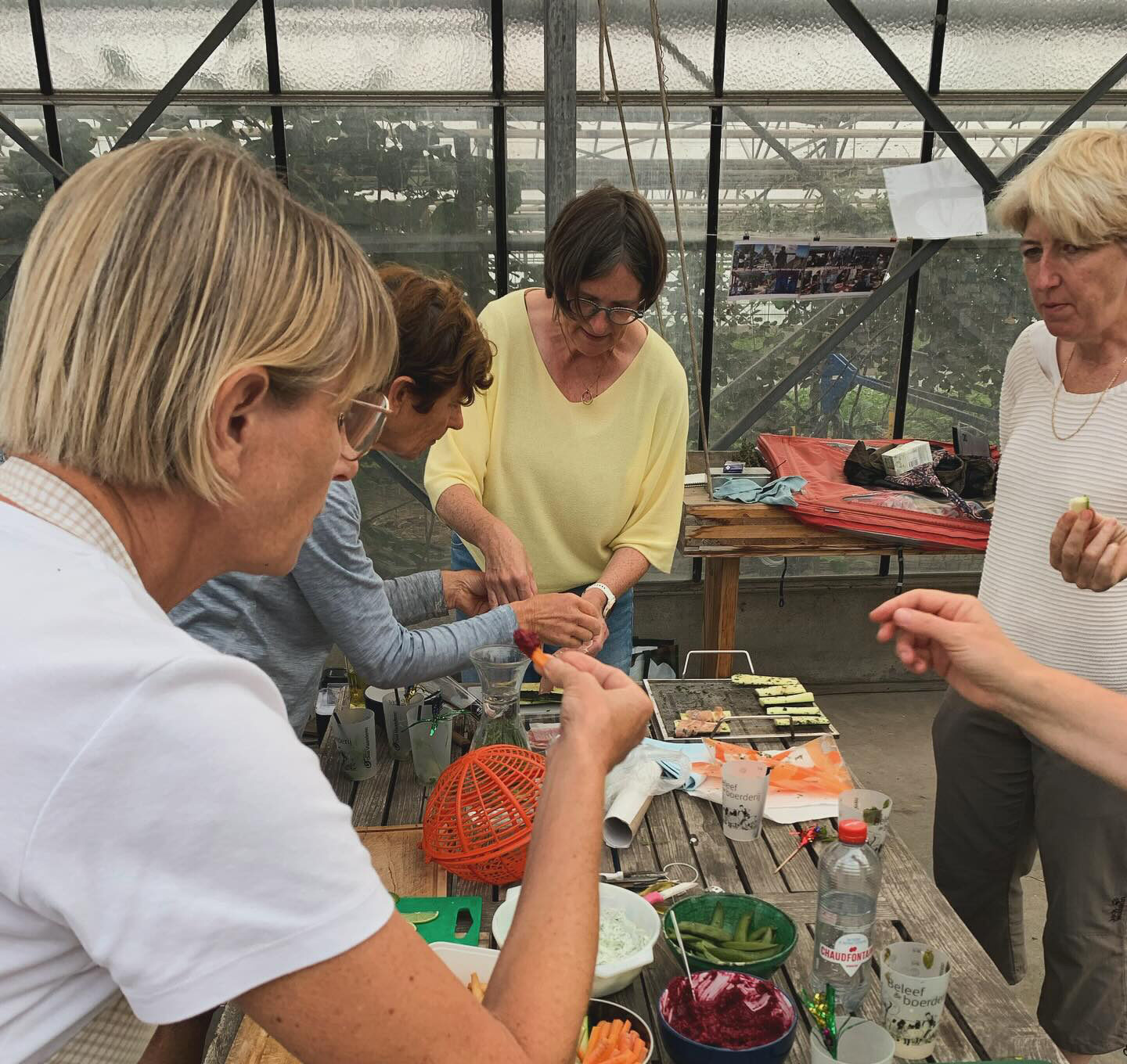 Groep vrouwen aan het groenten fermenteren in de serres van Rawijs
