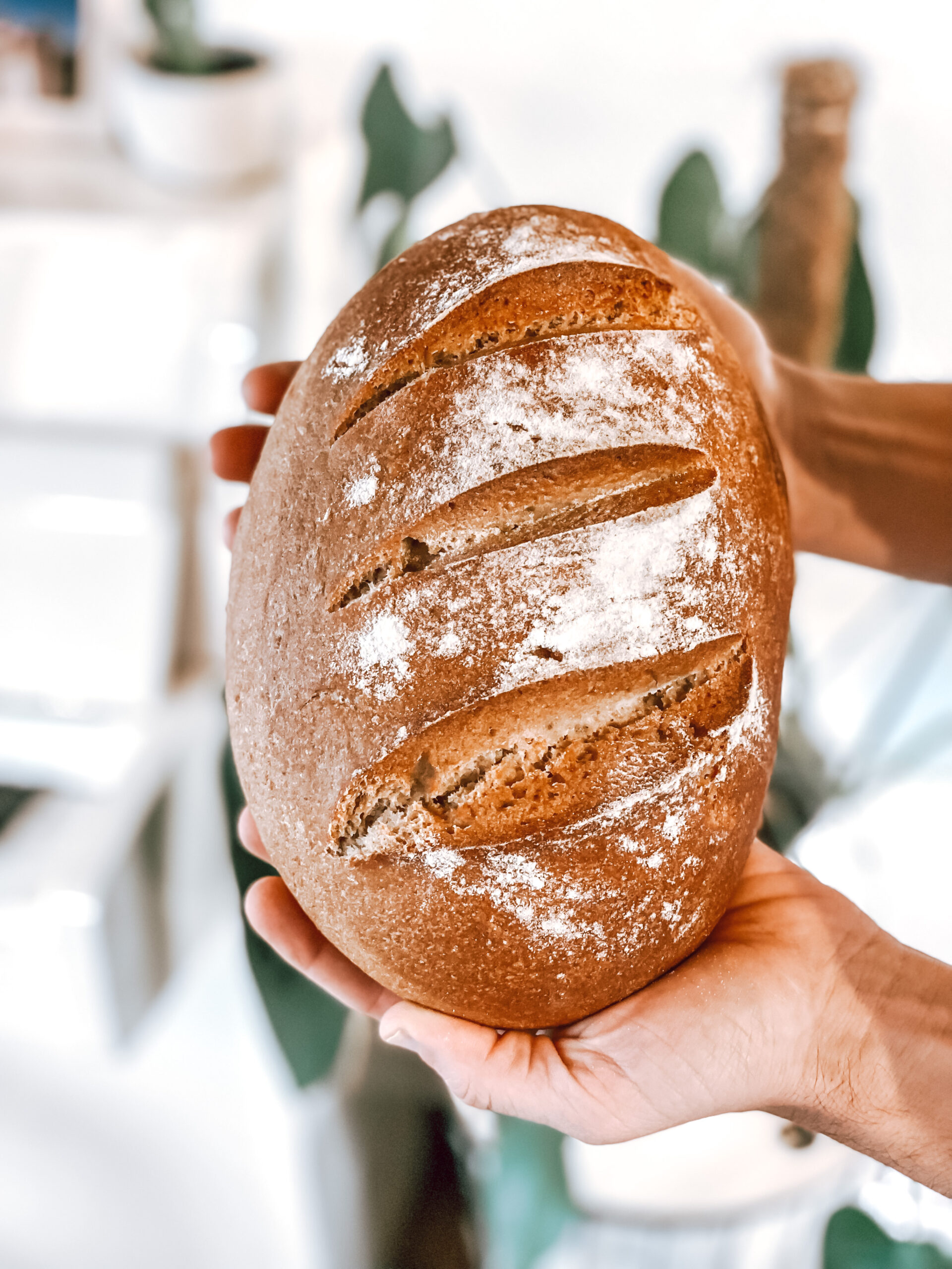 De warme handen van David die een versgebakken brood vasthouden