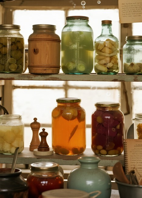 Fermentatiepotten met allerlei groenten en fruit zoals limoenen, bietjes, tomaten, maïs, ...