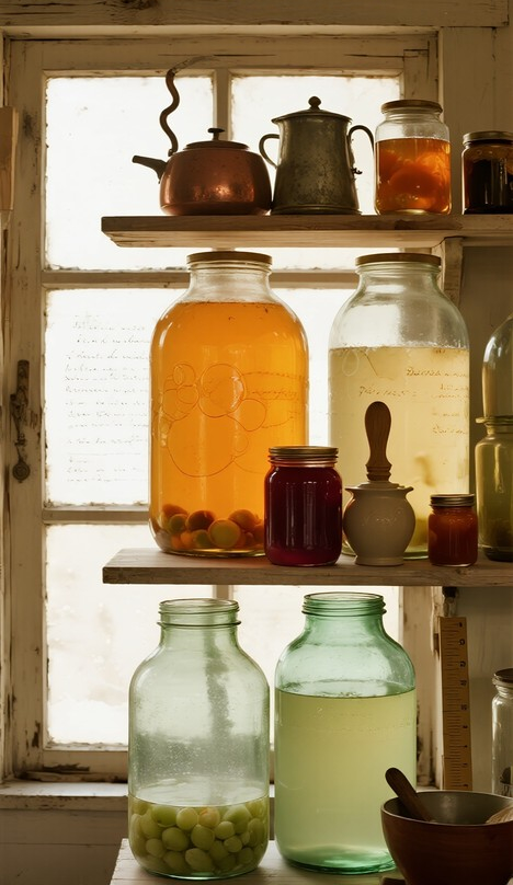 Fermenterende radijsjes, paprika, olijfjes en wat theepotten en sausjes